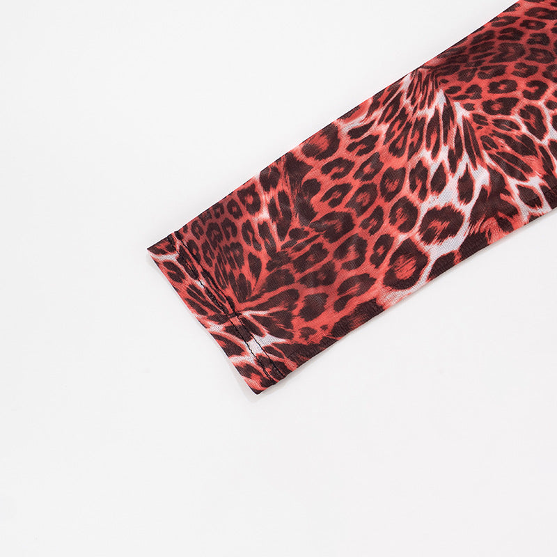 Women Leopard Print Mesh Half High Neck Large Backless Long Sleeve Jumpsuit 18