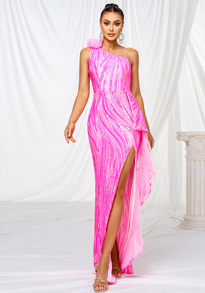 Women one shoulder slash shoulder sequins slit formal party evening dress