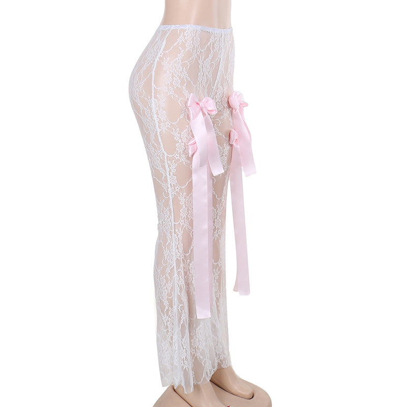 High-Waisted Lace See-Through Bow Trousers Straight-Leg Pants 10