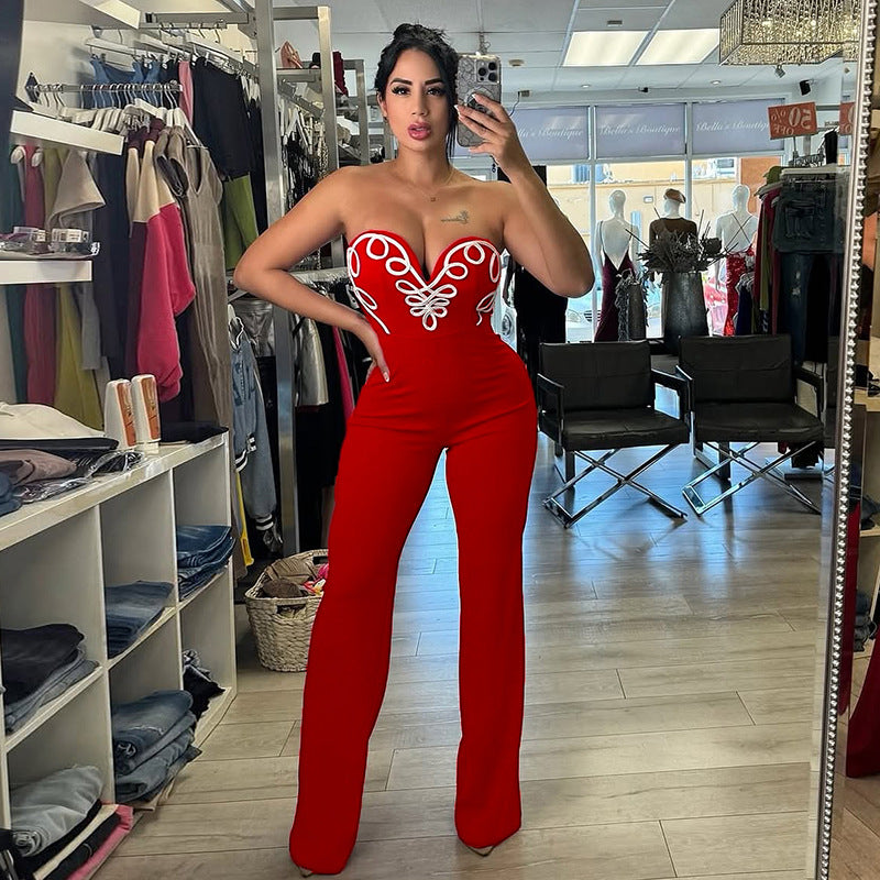 Women Spring/Summer Strapless V-Neck Print Zipper Bell Bottom Jumpsuit 4