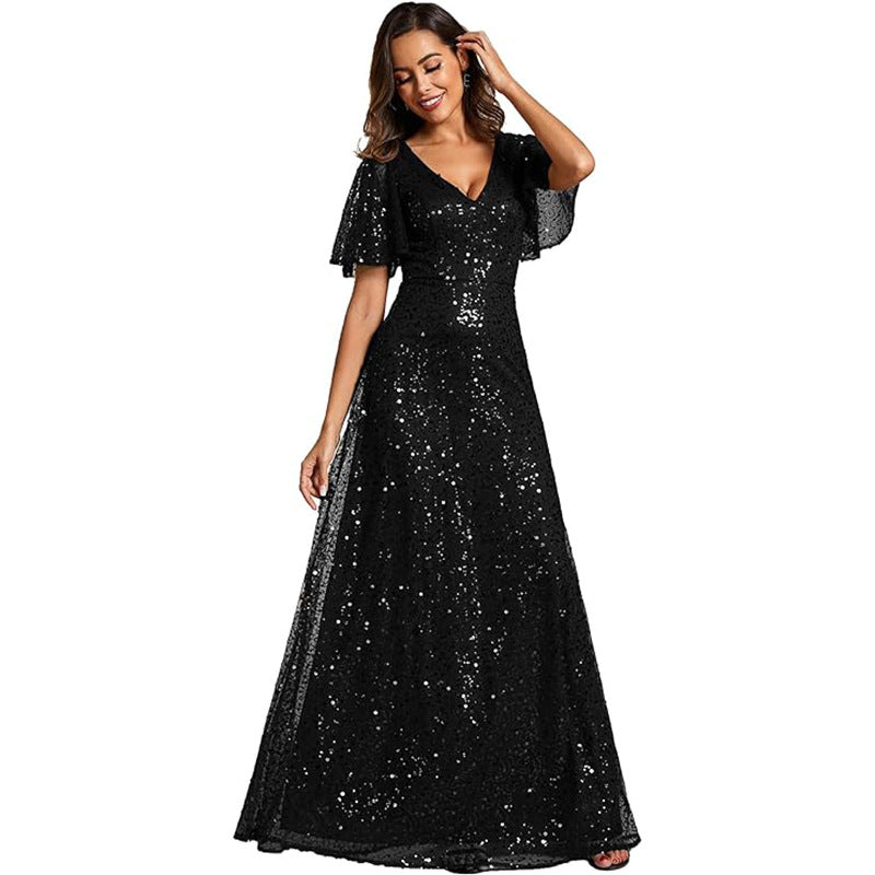 Plus Size V-Neck Ruffle Sleeve Shiny Sequin Evening Dress（Processing time need 3-6 days） 11