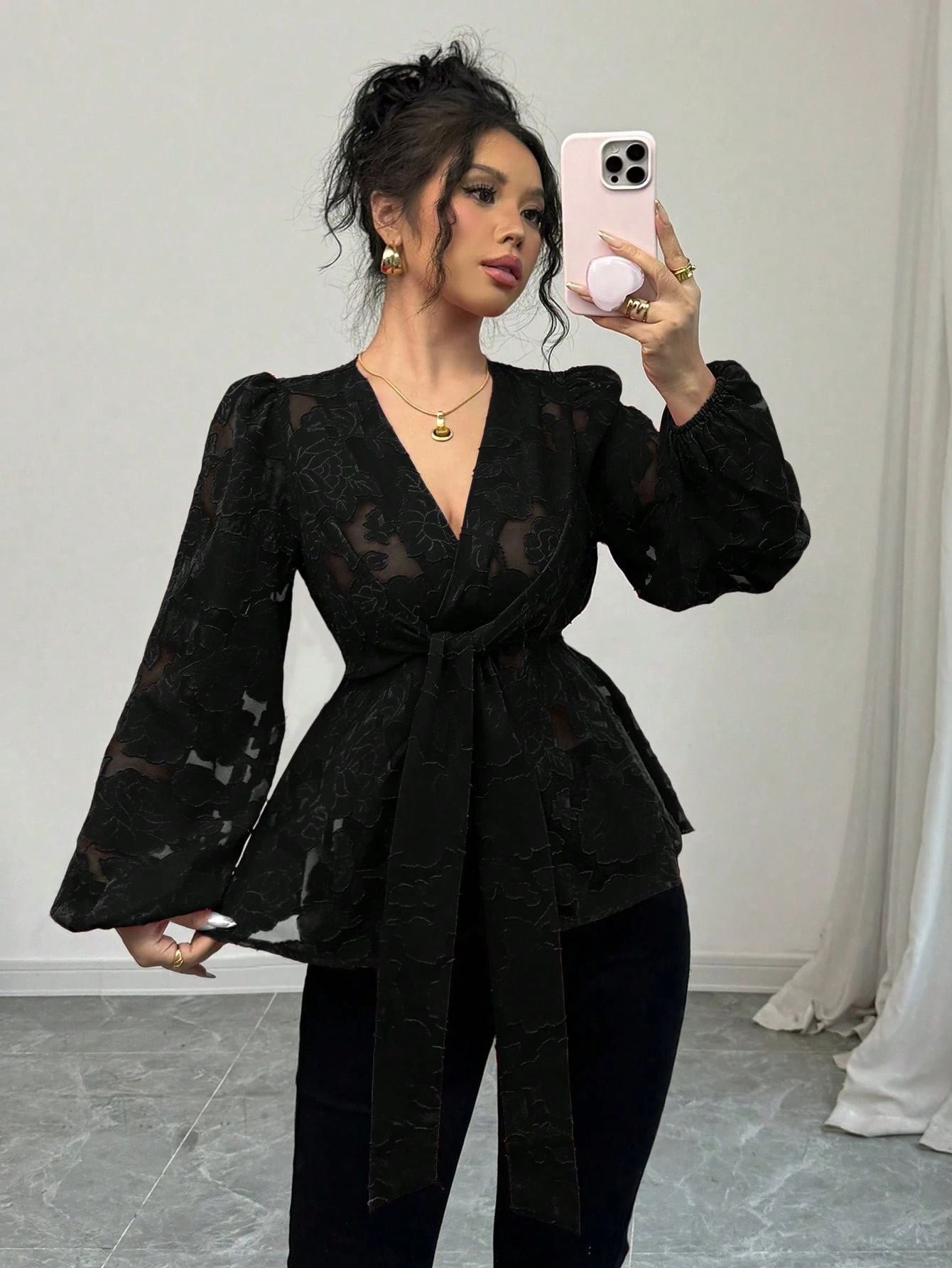 Women's Fashion Spring Autumn Sexy Sheer Long Sleeve V-Neck Blouse 8