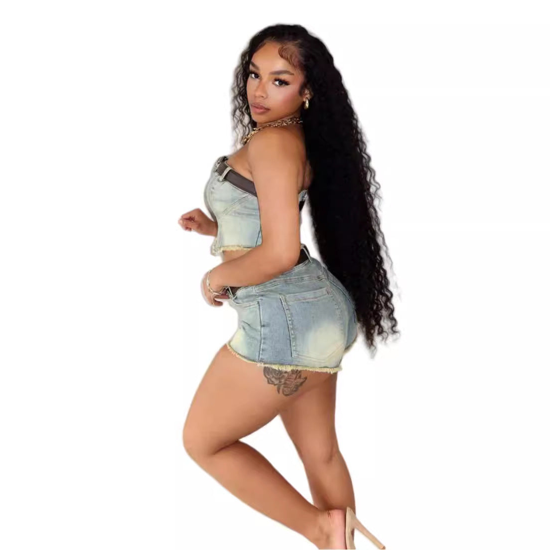 Strapless Stretch Two Piece Denim Shorts Set 5