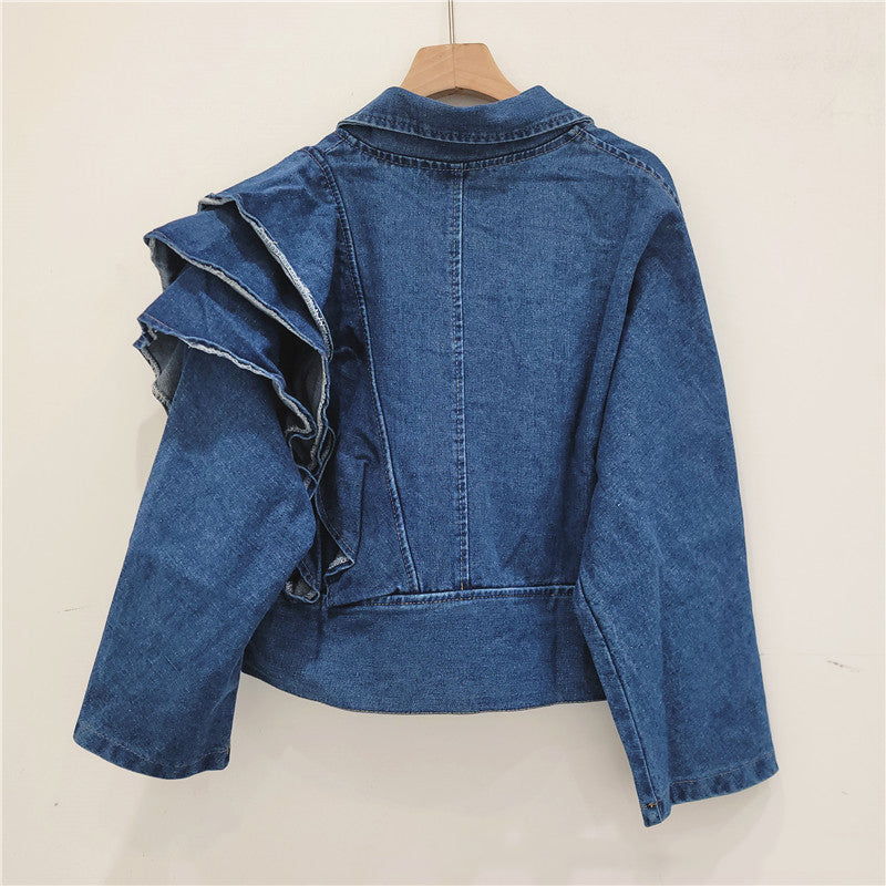 Women Trend Spring Fashion V-Neck Design Ruffle Long Sleeve Short Denim Jacket 3