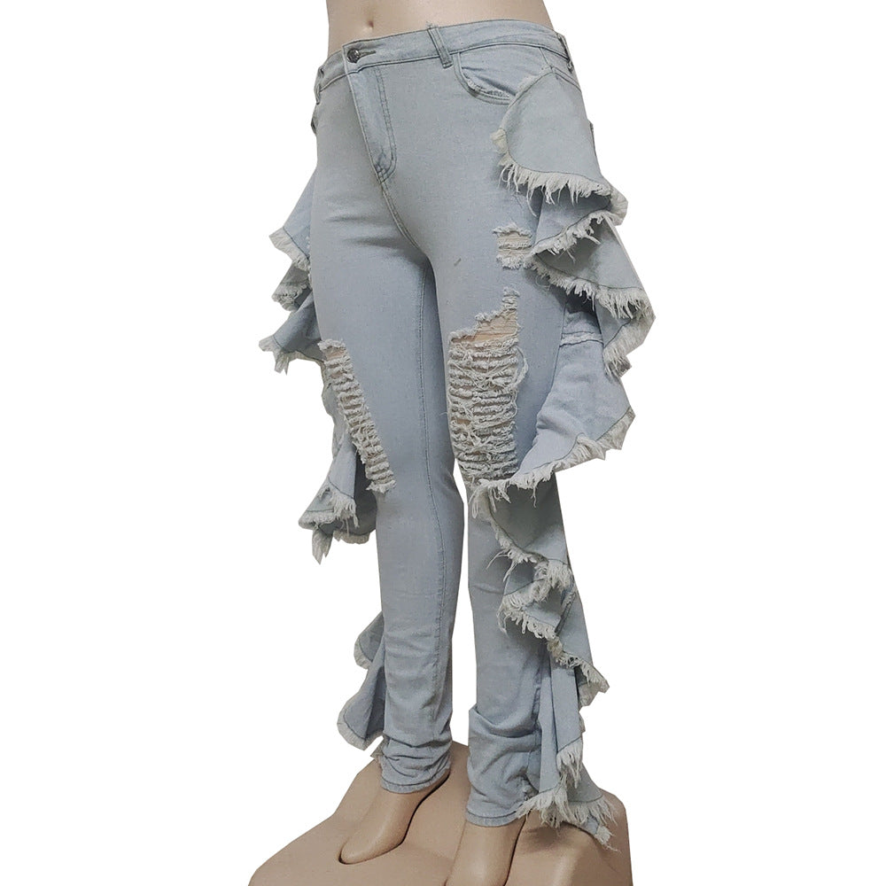 Women's Denim Pants Streetwear Casual Frayed Side Ruffles Tight Fitting Stretch Jeans 6