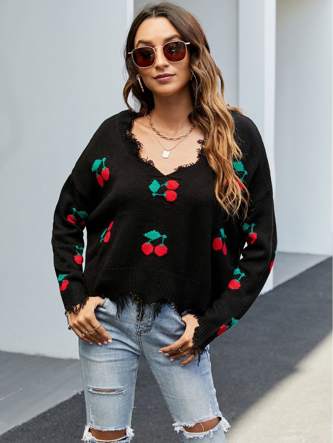 Women Loose V-Neck Tassel Crop Sweater 19