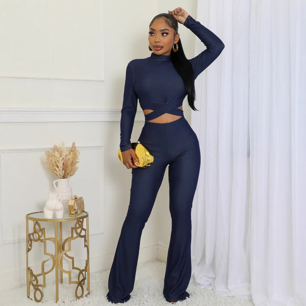 Long-Sleeved Tight Slim Top High Waist Bell Bottom Stretch Pants Set 7