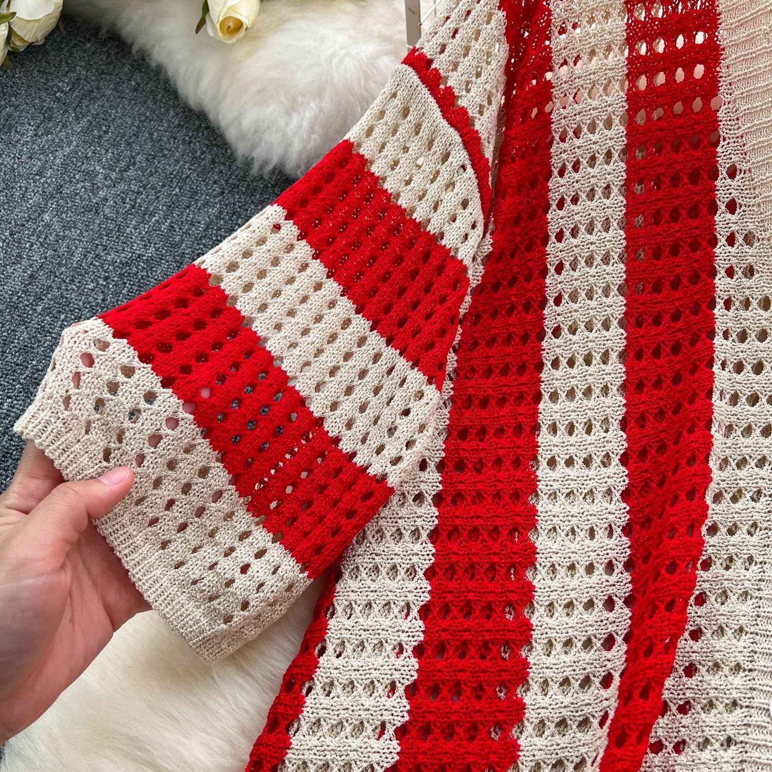 Women's Summer V-Neck Loose Knit Cardigan Top + Wide-Leg Pants Set Color-Block Striped Hollow-Out Outfit 25