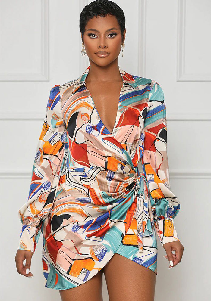 Sexy Fashion Printing Long Sleeve V-Neck Women's Dress