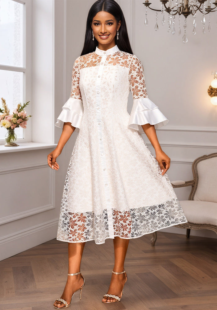 Lace Stand Collar Single Row Buttons See-Through A-Line Midi Dress Bell Bottom Sleeve Slim Waist Elegant Party Dress