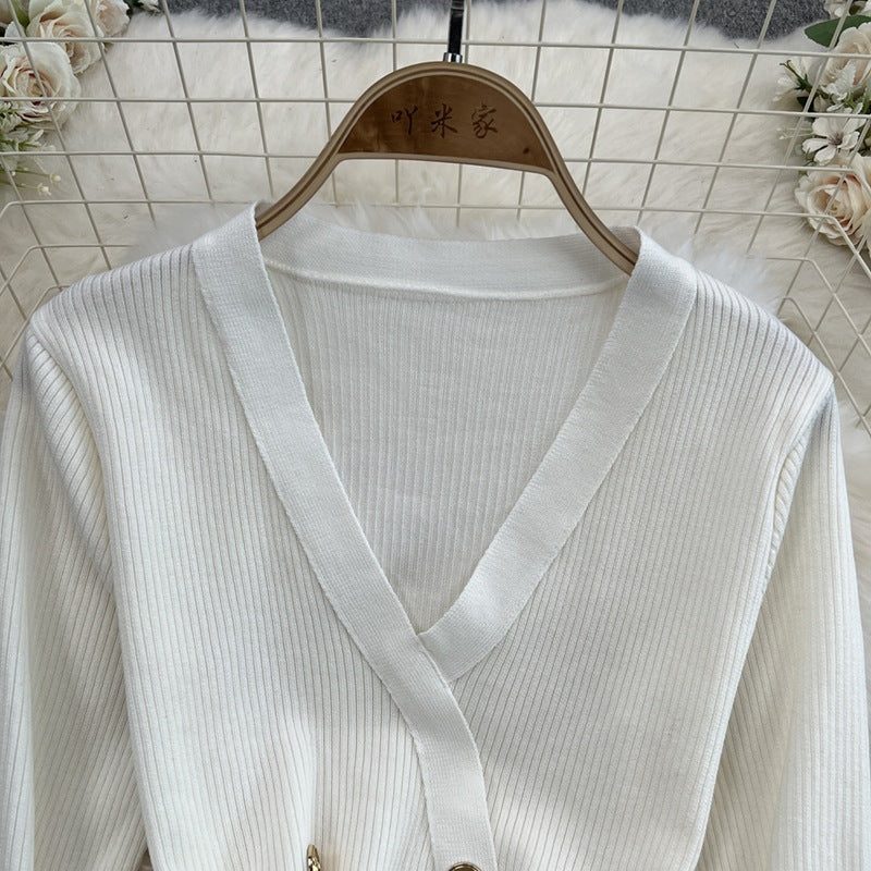 Women V-Neck Double-Breasted Long-Sleeved Knitting Dress 6