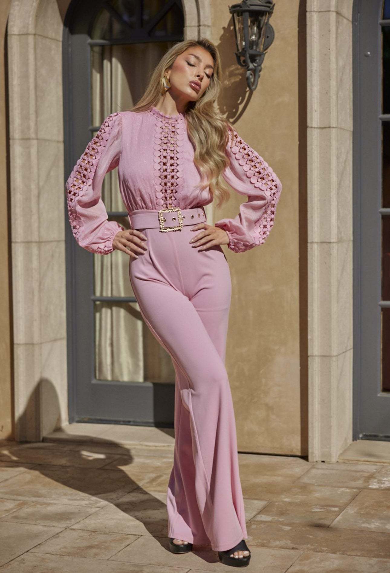 Women Elegant Lace Patchwork Lace-Up Wide-Leg Jumpsuit 14