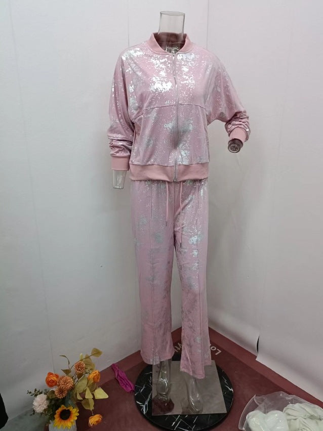 Women summer sequin print zipper casual top and pant two-piece set 7