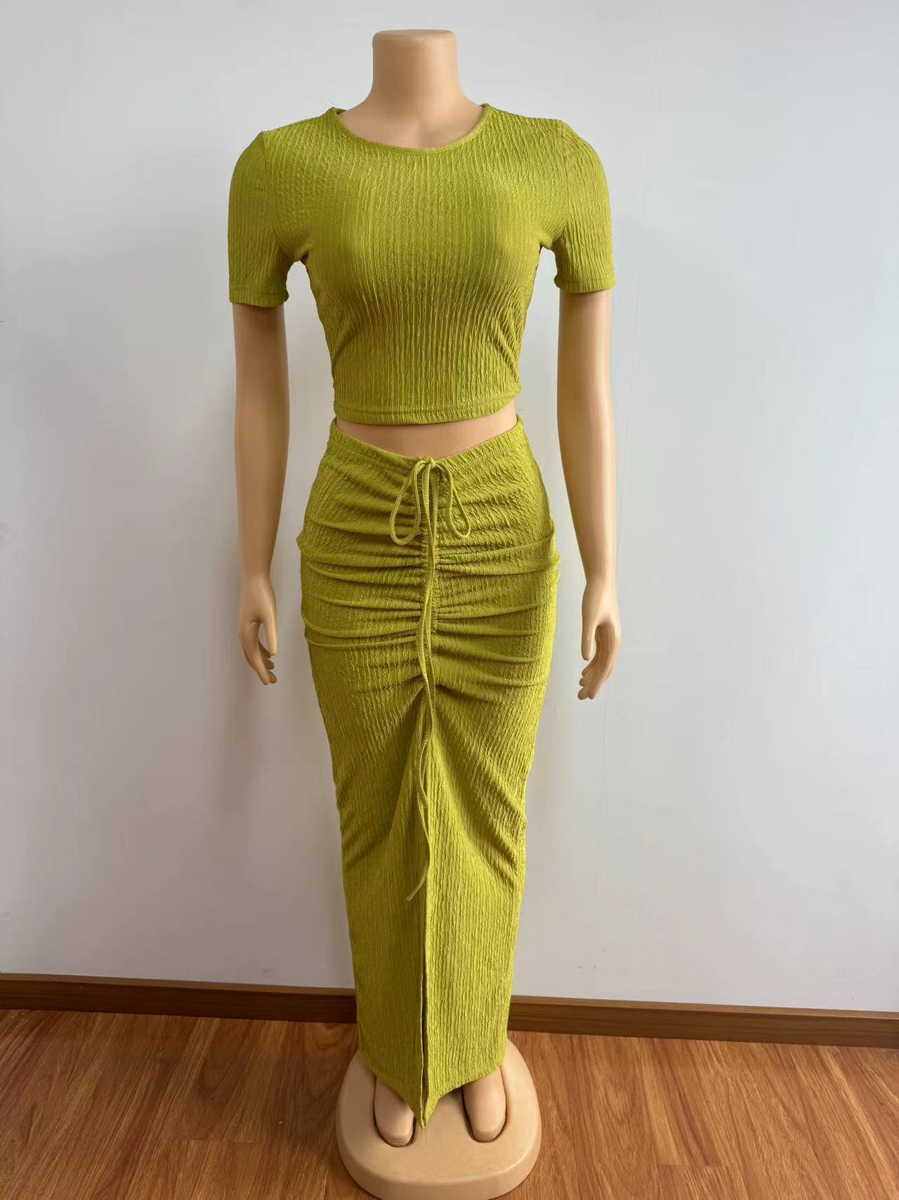 Women sexy pleated short-sleeved top and Drawstring Pleated Skirt Two-piece Set 13