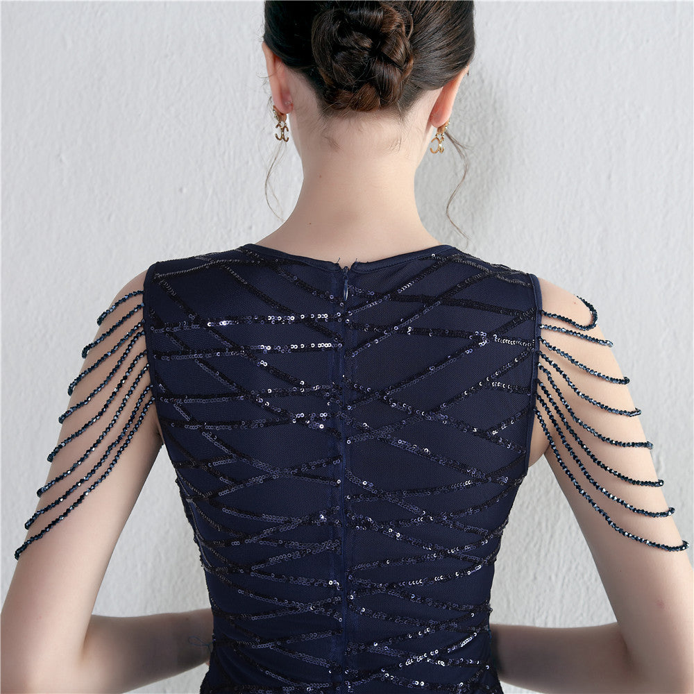 Decorative Crystal Diamond Chain Sequin Embroidery Stripe Positioning Flower Dinner Ceremony Long Evening Dress 13