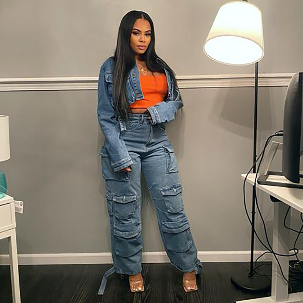 Trendy Multi Pocket Denim Pants Wash Cargo Pants Jeans 8