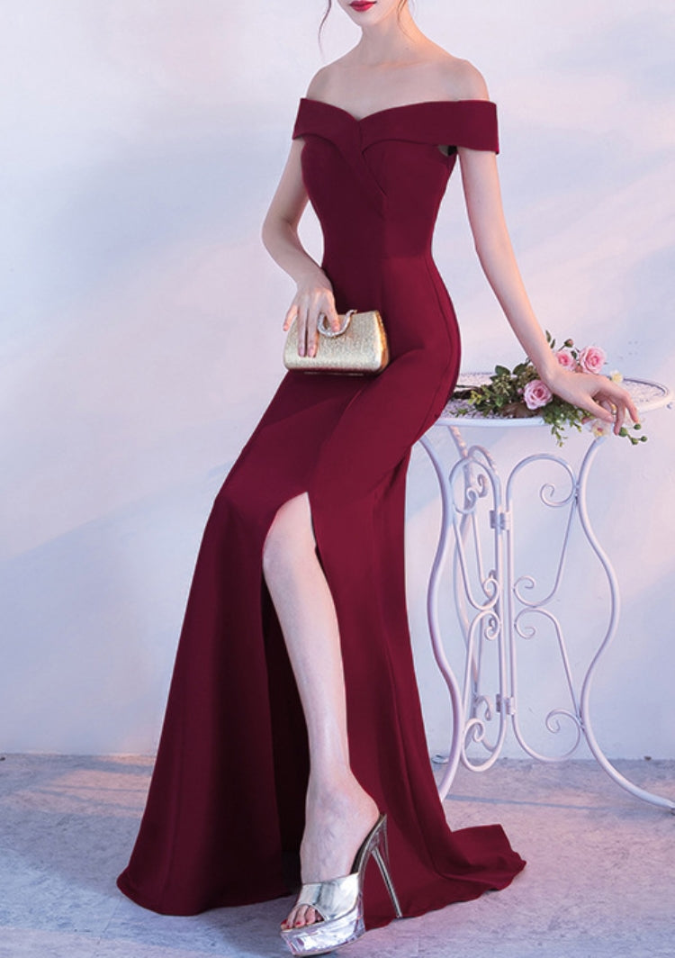 Women Summer Burgunry Formal Off Shoulder High Slit Mermaid Evening Dress 4