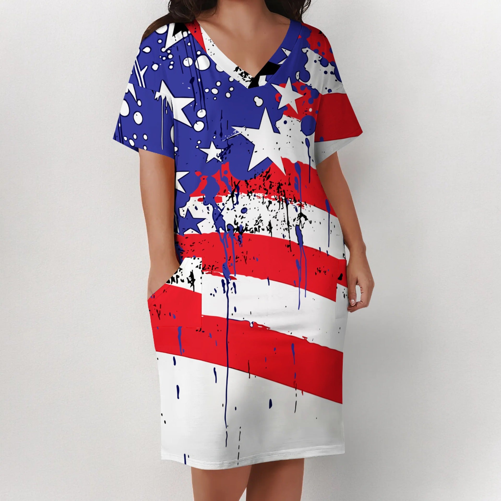 Plus Size Women American Flag V-Neck Pocket Loose Dress 10