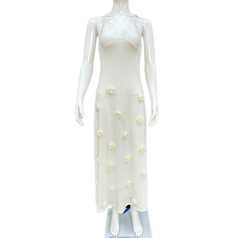 Women's Strap Low Back Flower Knitting Sexy Long Dress 11