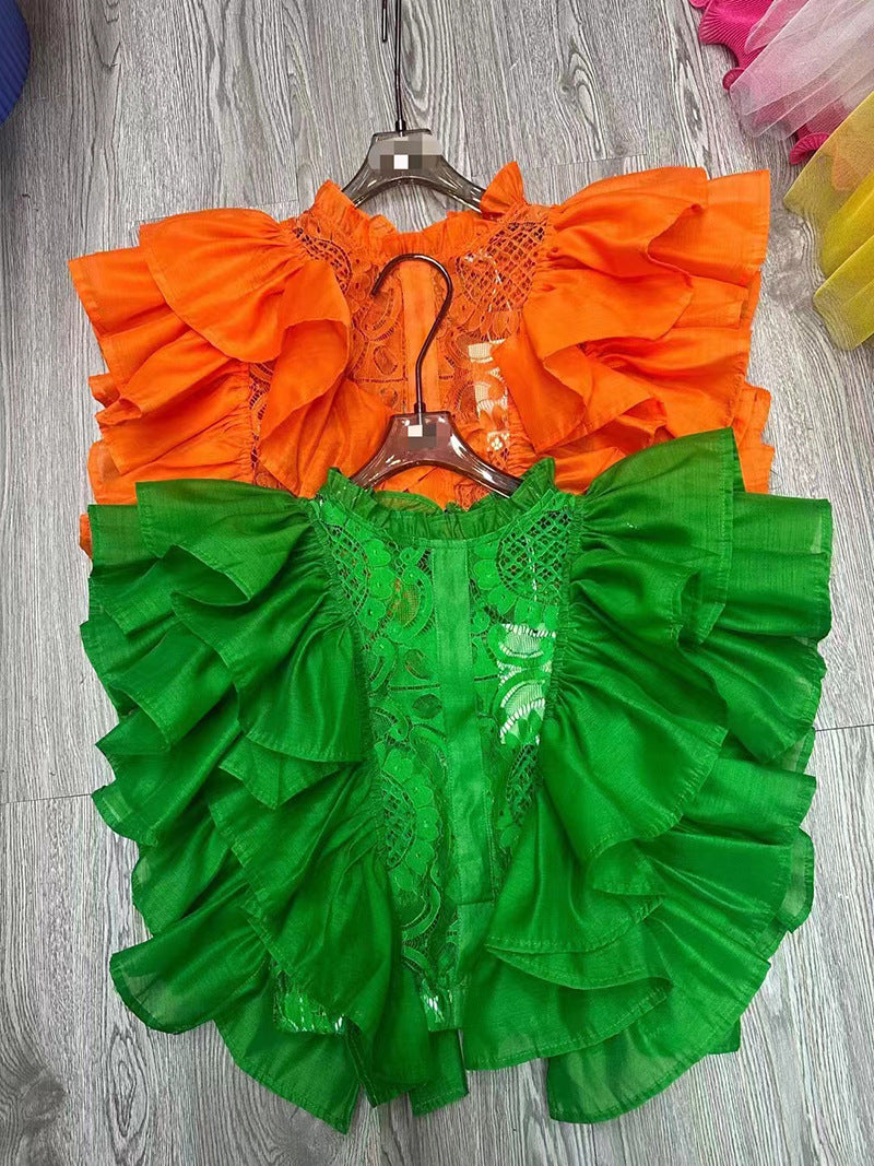 Women Summer French Ruffle Patchwork Crochet Hollow Stand Collar Lace Shirt 23