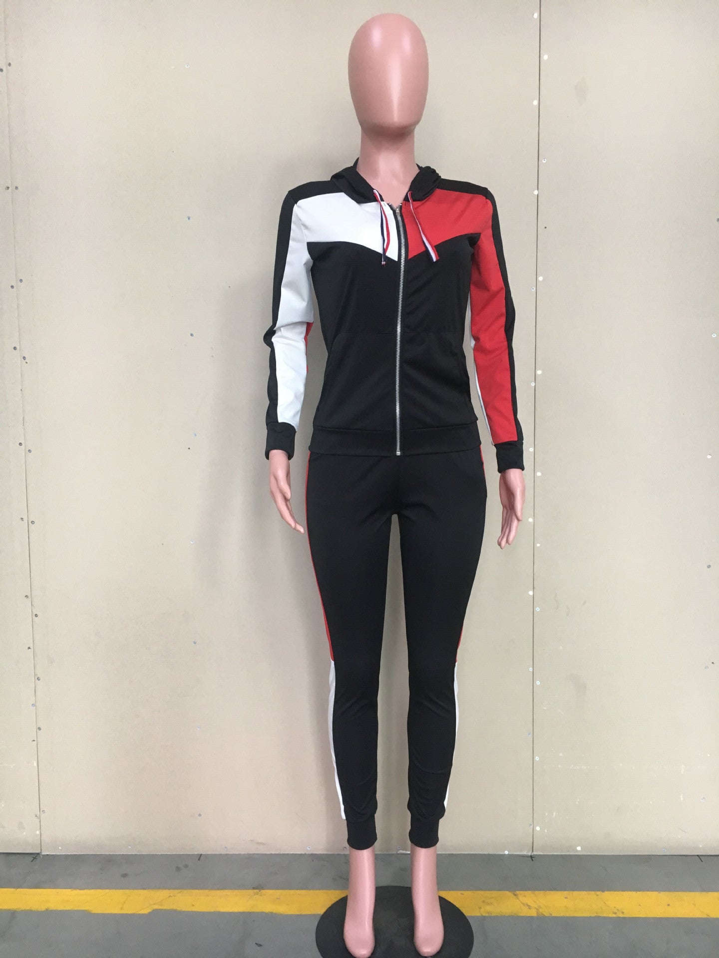 Women Sports Colorblock Long Sleeve Hood Zip Top And Pant Two Piece 19
