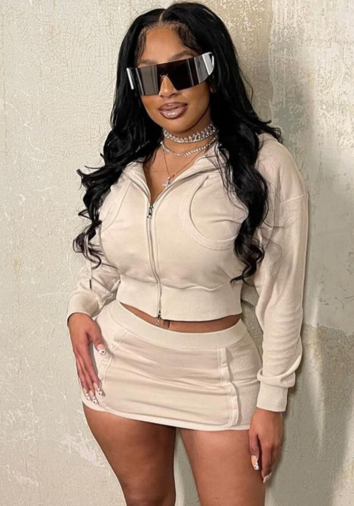 Spring Solid Color Casual Zippered Long Sleeve Hoodies slim short Skirt Set