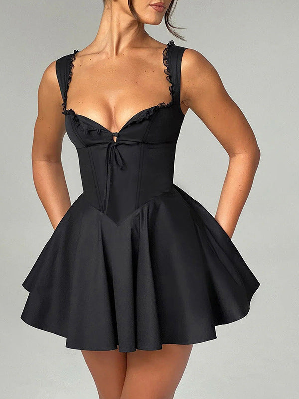 Sexy Lace Edge V-Neck Solid Color Summer Women Strap A-Line Dress 8