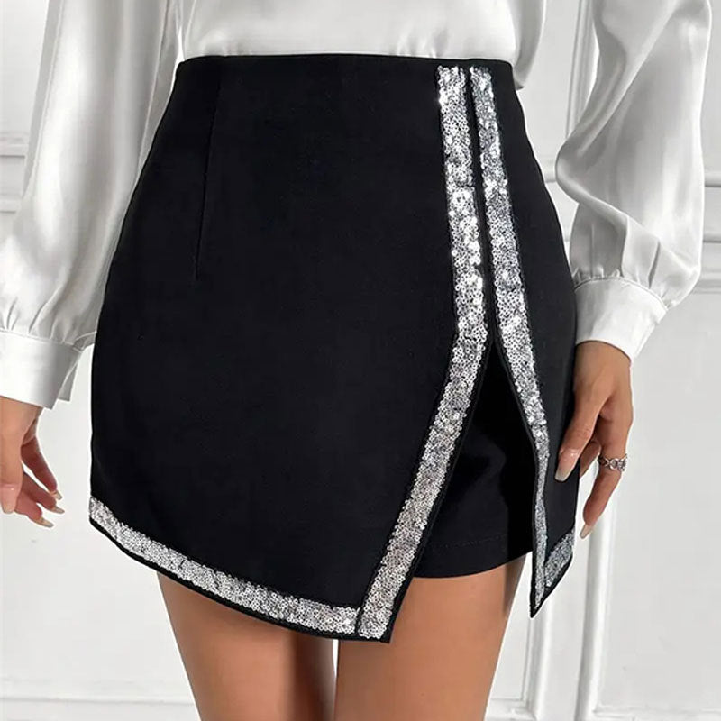 Women sequined patchwork slit pants skirt contrast color Casual shorts 4