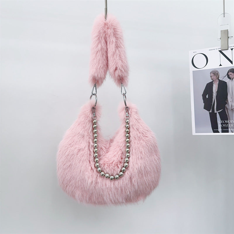 Autumn And Winter Furry Bag Imitation Fox Fur Armpit Bag Pearl Chain Shoulder Bag