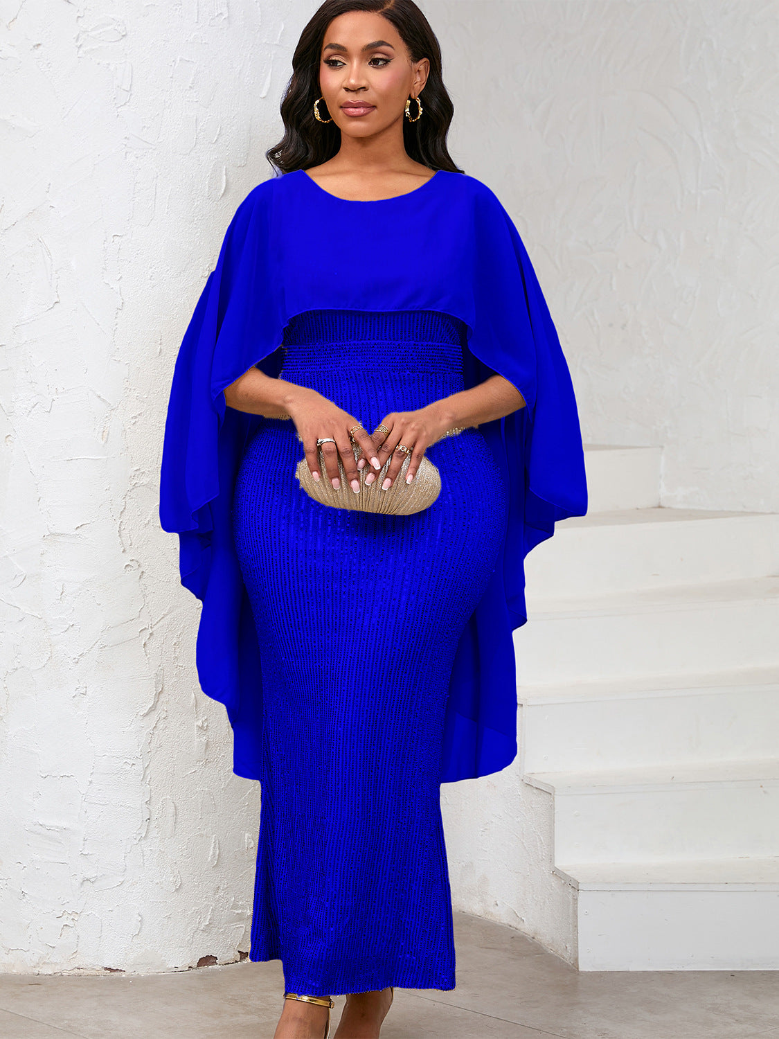 Women's Spring Fashion Chiffon Cape Sequin Bodycon Long Formal Party Dress 6