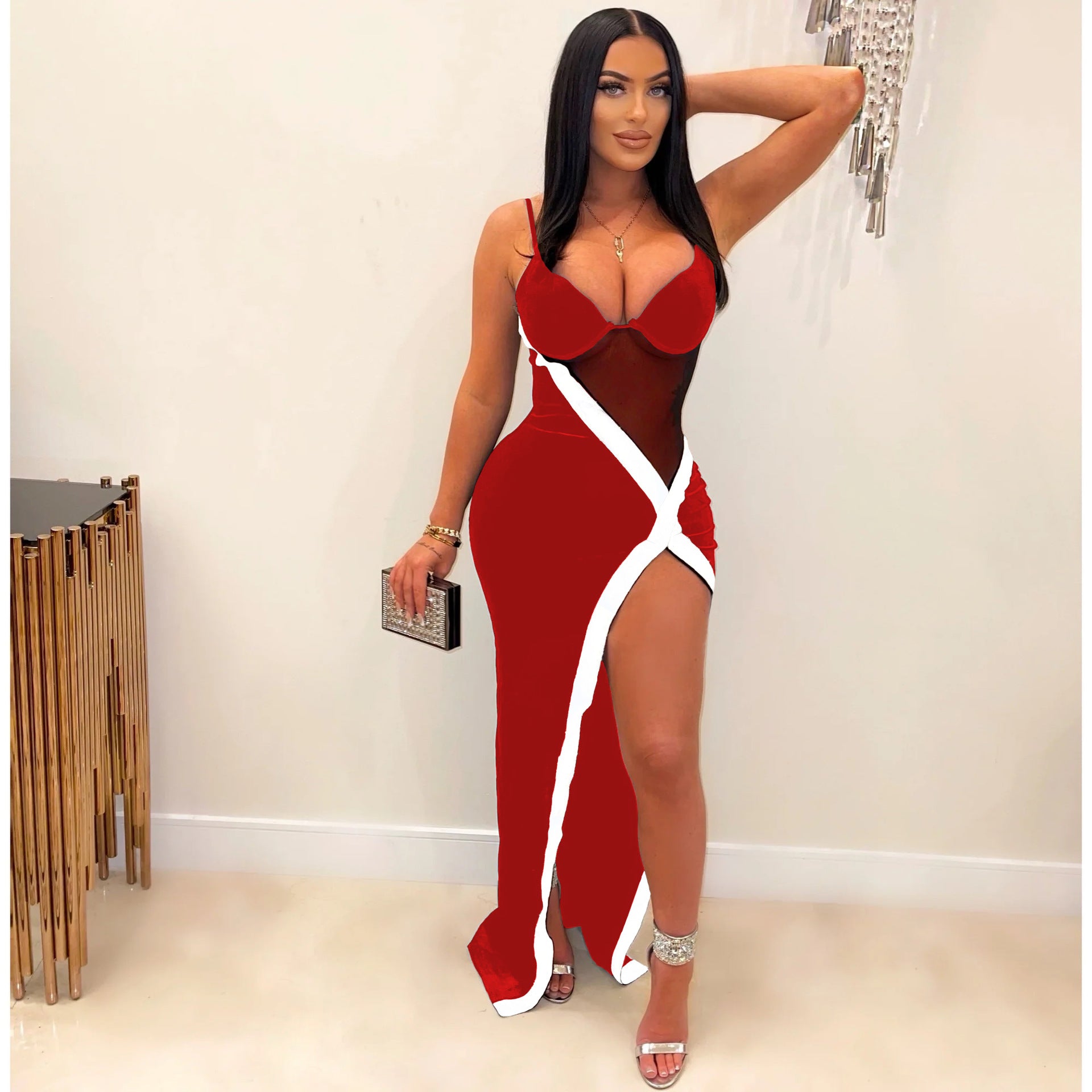 Women's Clothes Spring Summer Fashion Sexy Mesh Patchwork Suspender Irregular Slit Long Dress 3