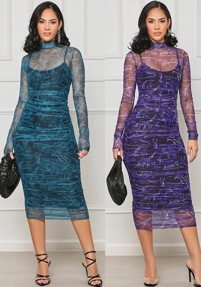 Women Sexy Suspender See-Through Mesh Printed Long Sleeve Dress Two-piece Set