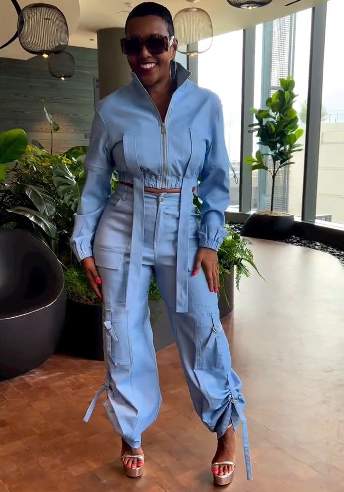 Multi-Pocket Long Sleeve Pleated Cargo Jacket Pants Two-Piece Set