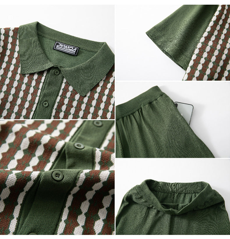 Men's Casual Knitting Short Sleeve Jacquard Polo Top and Shorts Two Piece 9