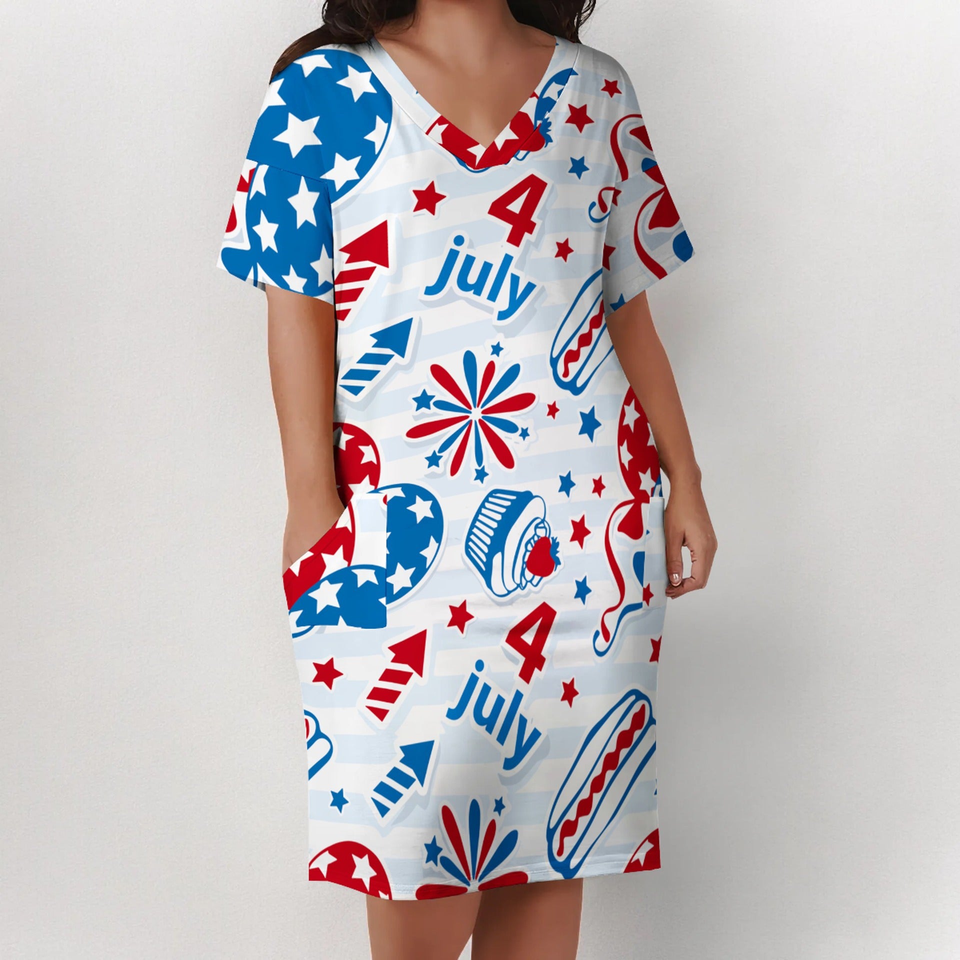 Plus Size Women American Flag V-Neck Pocket Loose Dress 12