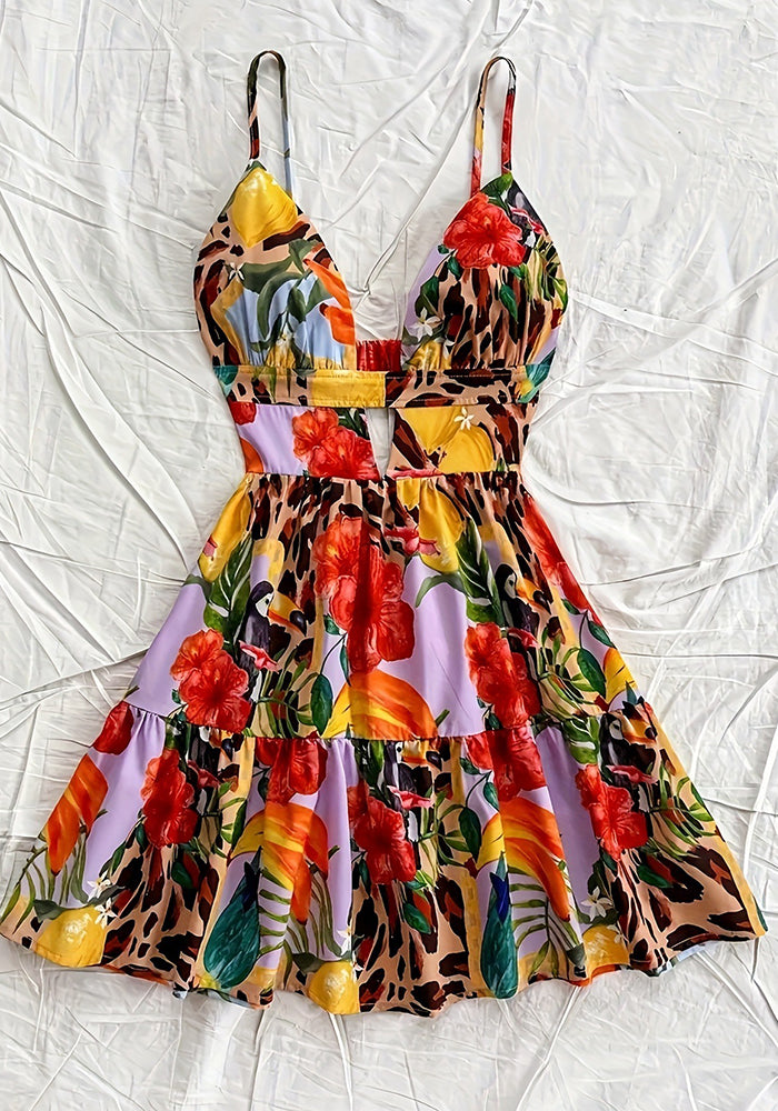 Women flower print hollow suspender V-neck backless sexy holidays beach dress