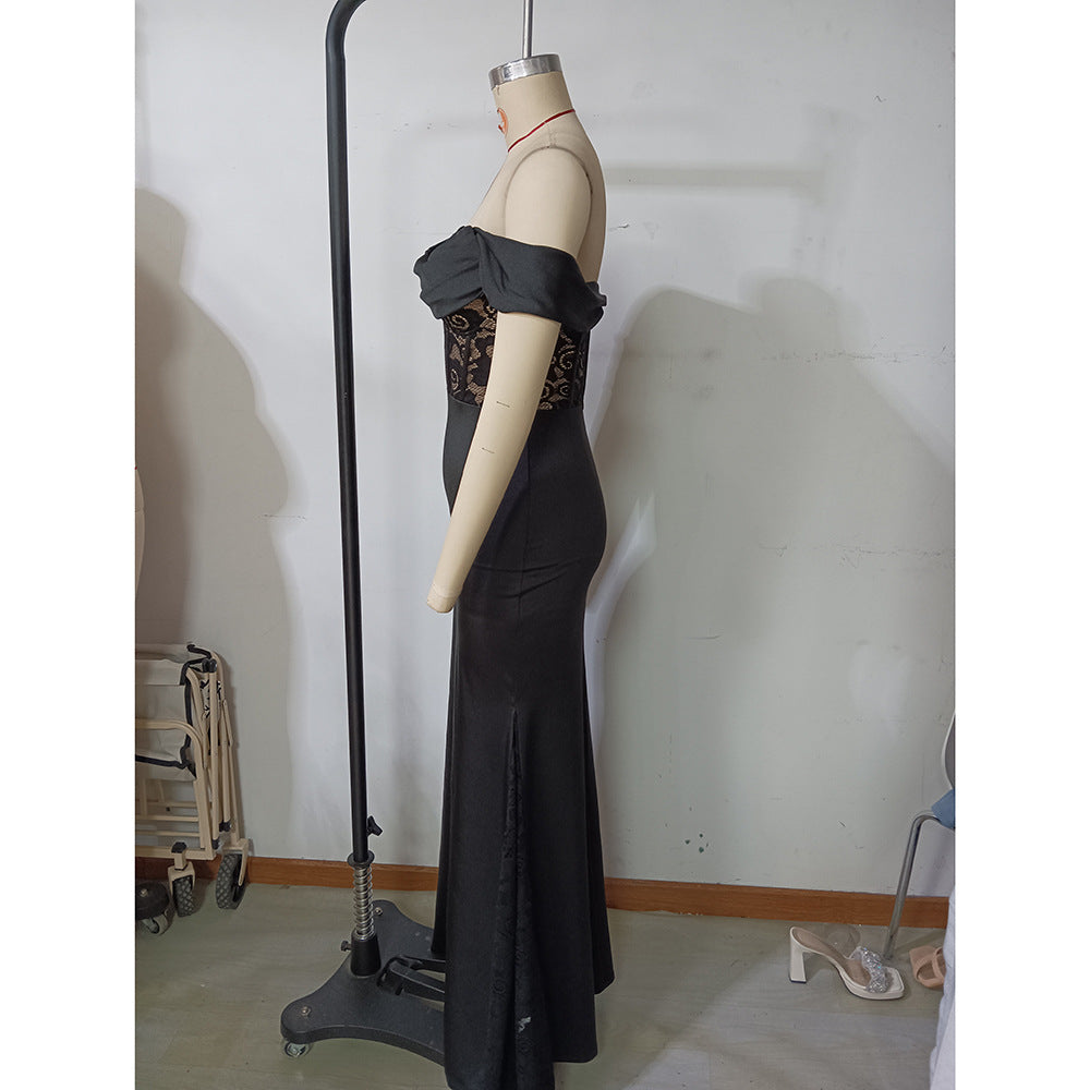 Women spring Summer Off Shoulder Lace Patchwork Evening Dress 8