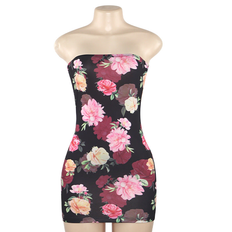Summer Fashion Flower Print Sexy Strapless Short Dress 8