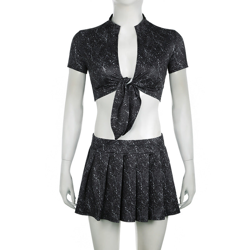 Sexy Women's Tie-Dye Print Short-Sleeved Lace-Up Crop Top Pleated A-Line Skirt Casual Two-Piece Set 7