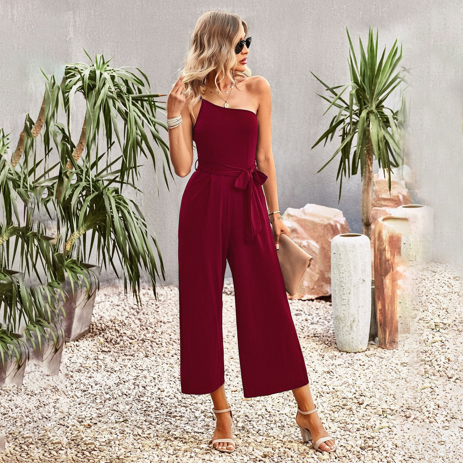 Slash Shoulder Belted Jumpsuit Women'S Spring Summer Chic Career Solid Color One Shoulder One Piece Wide Leg Pants