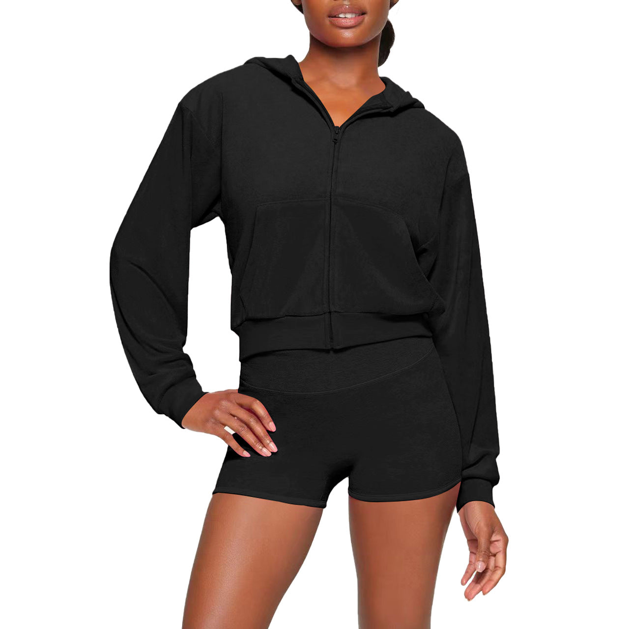 Women's Fashion Casual Solid Velvet Hooded Two-Piece Shorts Set 7