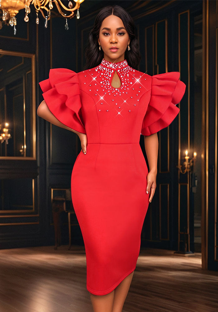 Summer Ruffle Beaded High-Waist Slim Elegant Bodycon Formal Party Evening Dress