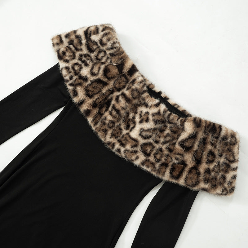 Women's Sexy Leopard Fur Patchwork Off Shoulder Long Dress 7