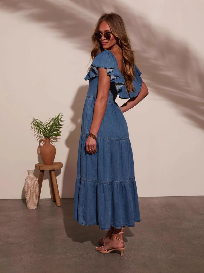 Women Round Neck Ruffle Denim Dress 3