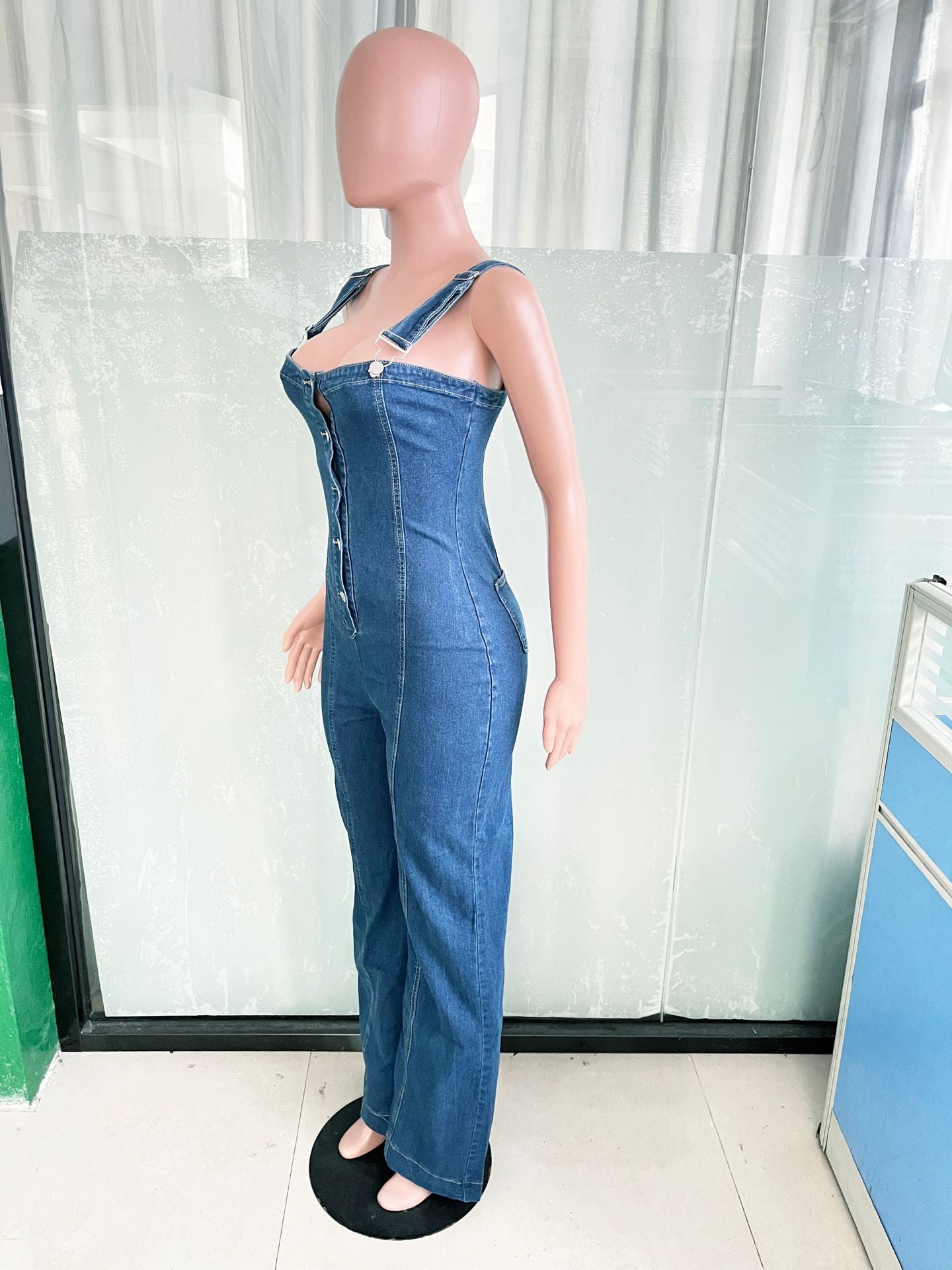 Women Fashion Casual Sexy Strap Wide Leg Denim Jumpsuit 7