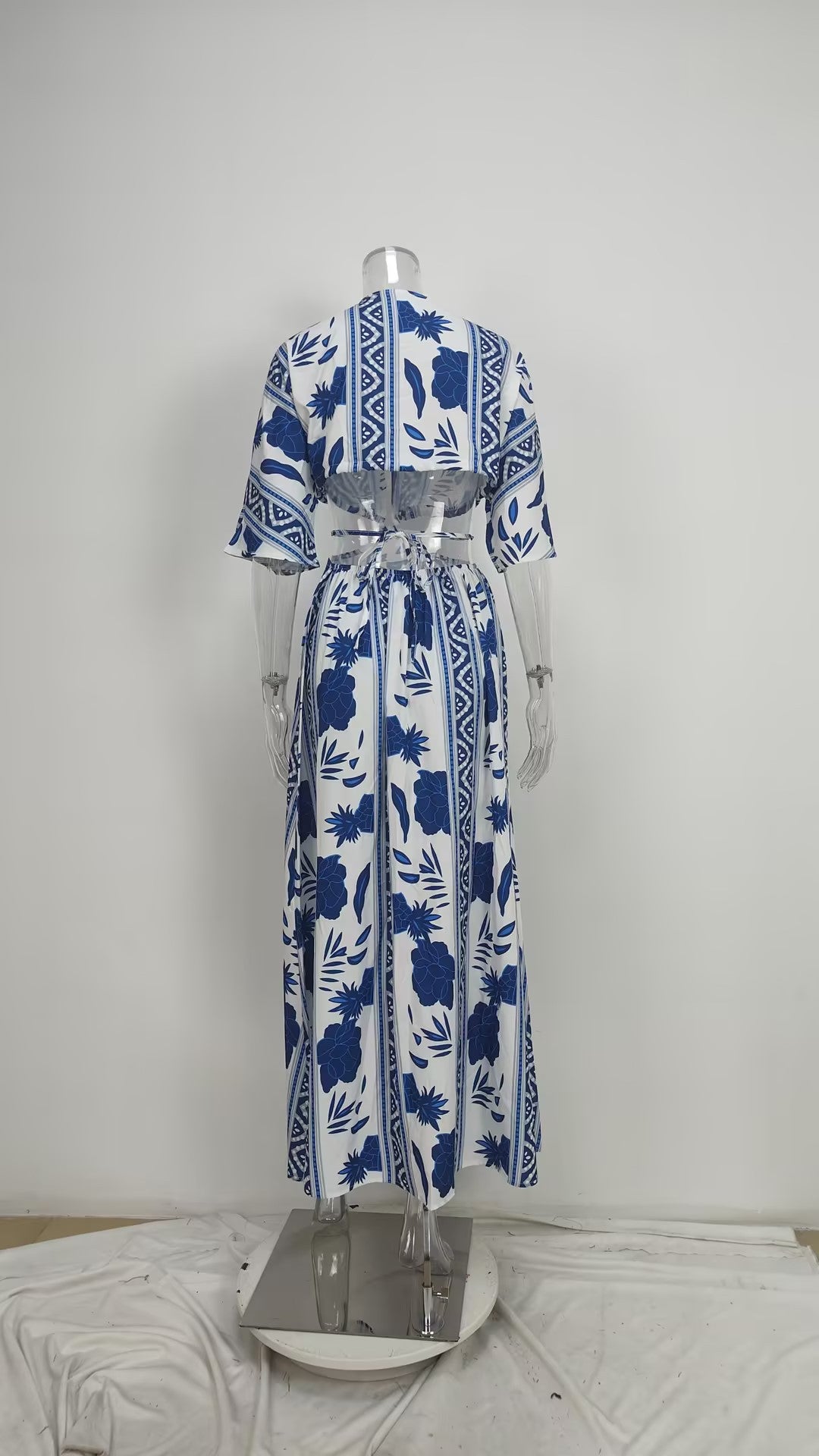 Women Spring Printed Sexy V-Neck Lace-Up Dress 10