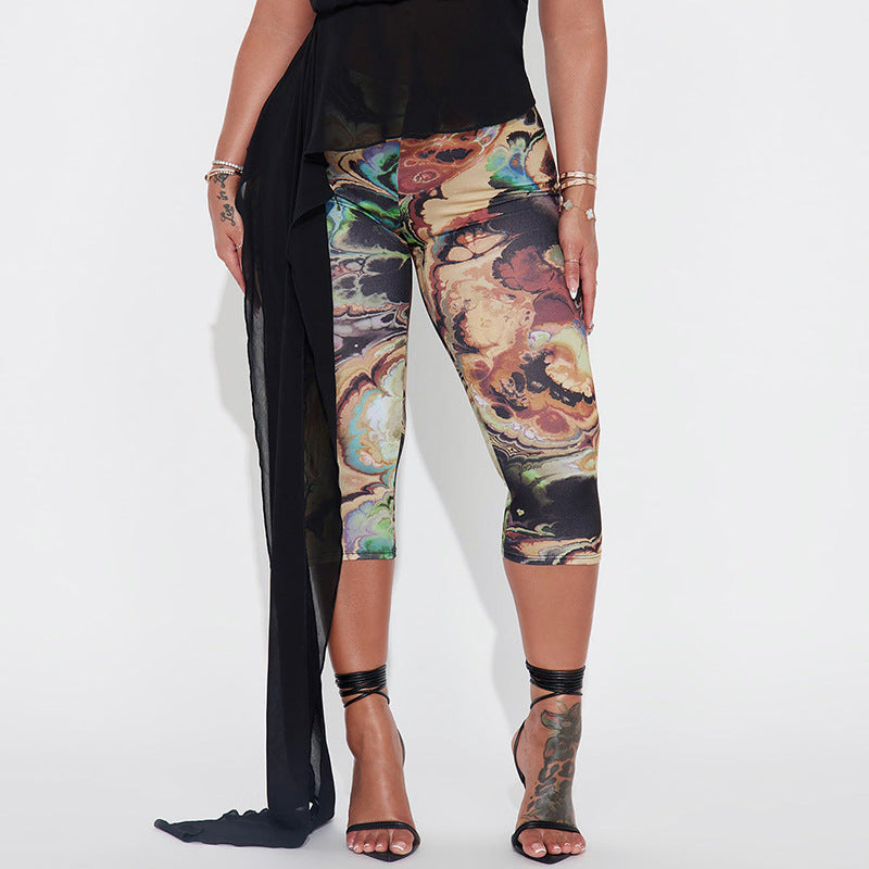 Women's Spring/Summer Print Elastic High-Waist Tight Slim Seven-Point Casual Pants 5