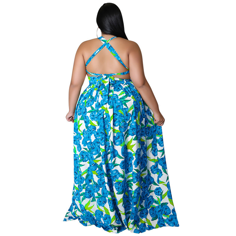 Plus Size Women's Summer Sexy Halter Low Back Print Slit Maxi Dress 9