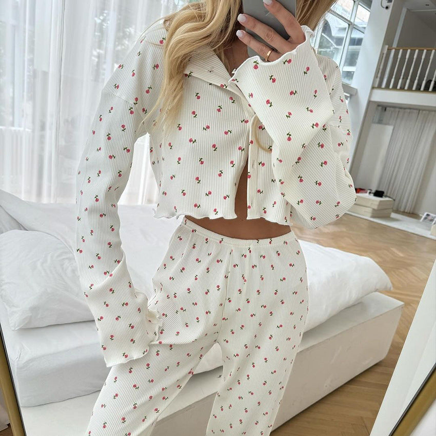 Women fall casual floral print long-sleeved top and pants Pajama set 5