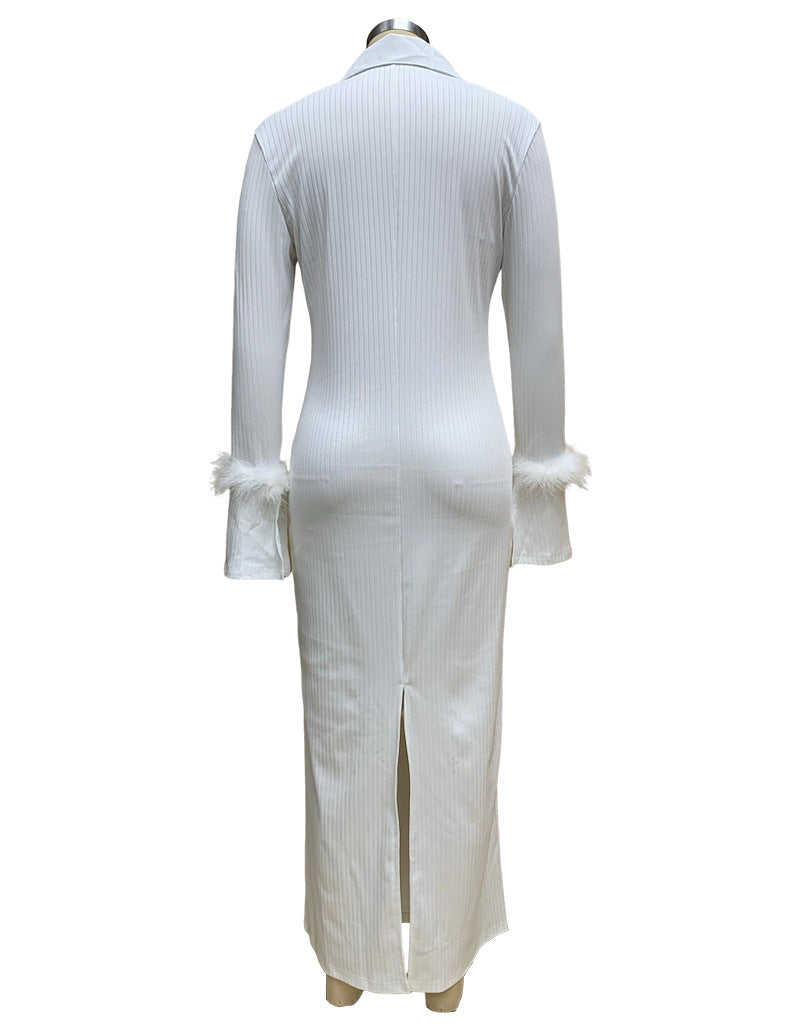 Women Turndown Collar Long Sleeve Feather Maxi Dress 7